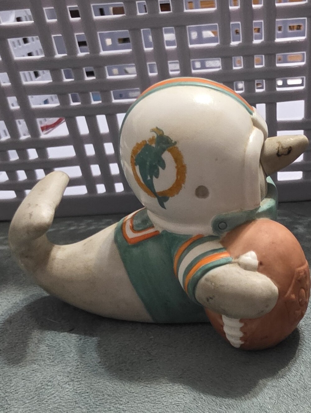 Ceramic Dolphin Football Player Figurine - White & Teal
